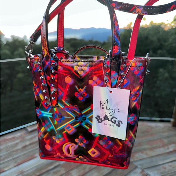 Louboutin: Holographic Patent Cabata Spiked Leather Mini Tote Crossbody Bag - Picture 6 of 17